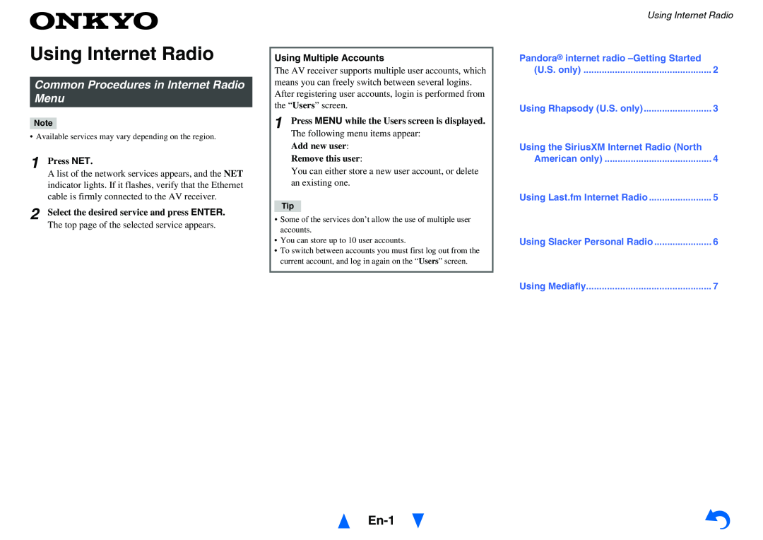 Onkyo TX-NR414 Using Internet Radio, En-1, Common Procedures in Internet Radio Menu, Using Multiple Accounts 