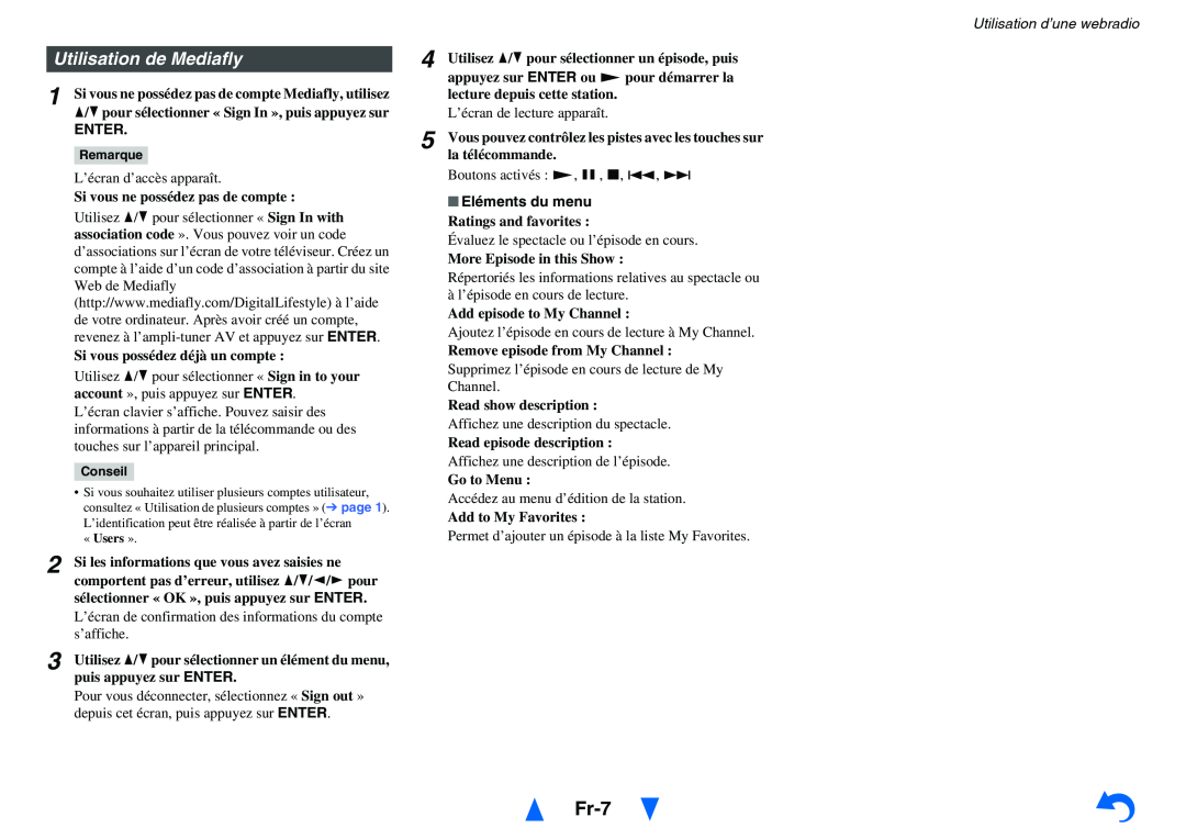 Onkyo TX-NR414 instruction manual Fr-7, Utilisation de Mediafly, Enter, Utilisation d’une webradio, Eléments du menu 