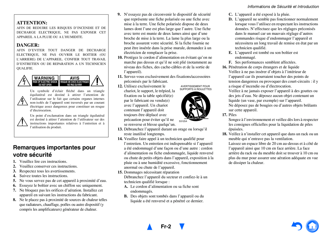Onkyo TX-NR414 manual Fr-2, Remarques importantes pour votre sécurité, Danger, Informations de Sécurité et Introduction 
