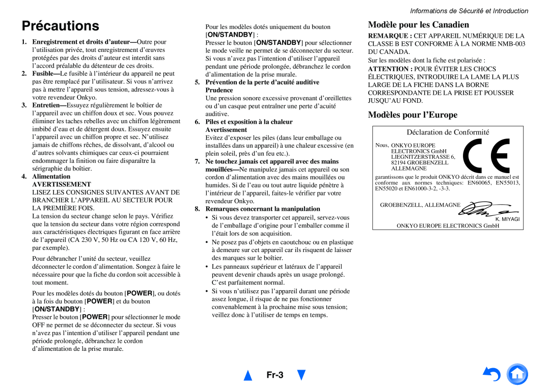 Onkyo TX-NR414 manual Précautions, Fr-3, Modèle pour les Canadien, Modèles pour l’Europe, Déclaration de Conformité 