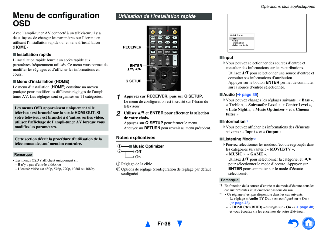 Onkyo TX-NR414 Menu de configuration OSD, Fr-38, Utilisation de l’installation rapide, Notes explicatives, Home, Input 