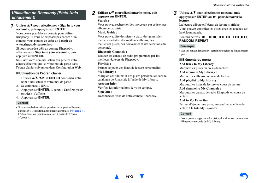 Onkyo TX-NR414 manual Utilisation de Rhapsody Etats-Unis, Fr-3, uniquement, Random, Repeat, Eléments du menu 