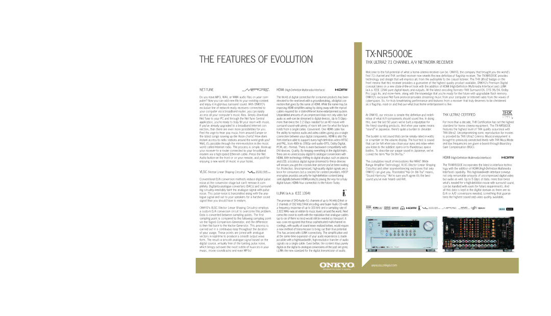 Onkyo TX-NR5000E manual Features of Evolution, Net-Tune, THX ULTRA2 Certified 