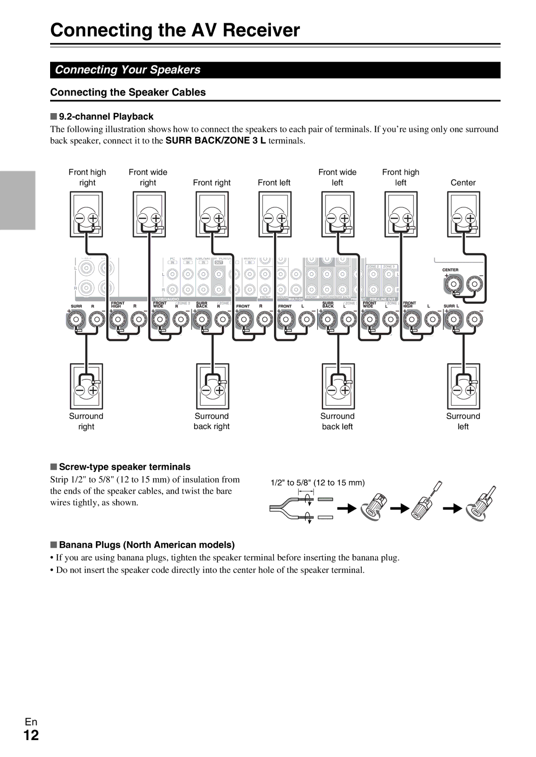 Onkyo TX-NR5009 instruction manual Connecting the AV Receiver, Connecting Your Speakers, Connecting the Speaker Cables 