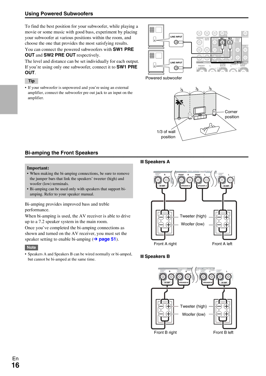 Onkyo TX-NR5009 instruction manual Using Powered Subwoofers, Bi-amping the Front Speakers, Out, Speakers a, Speakers B 