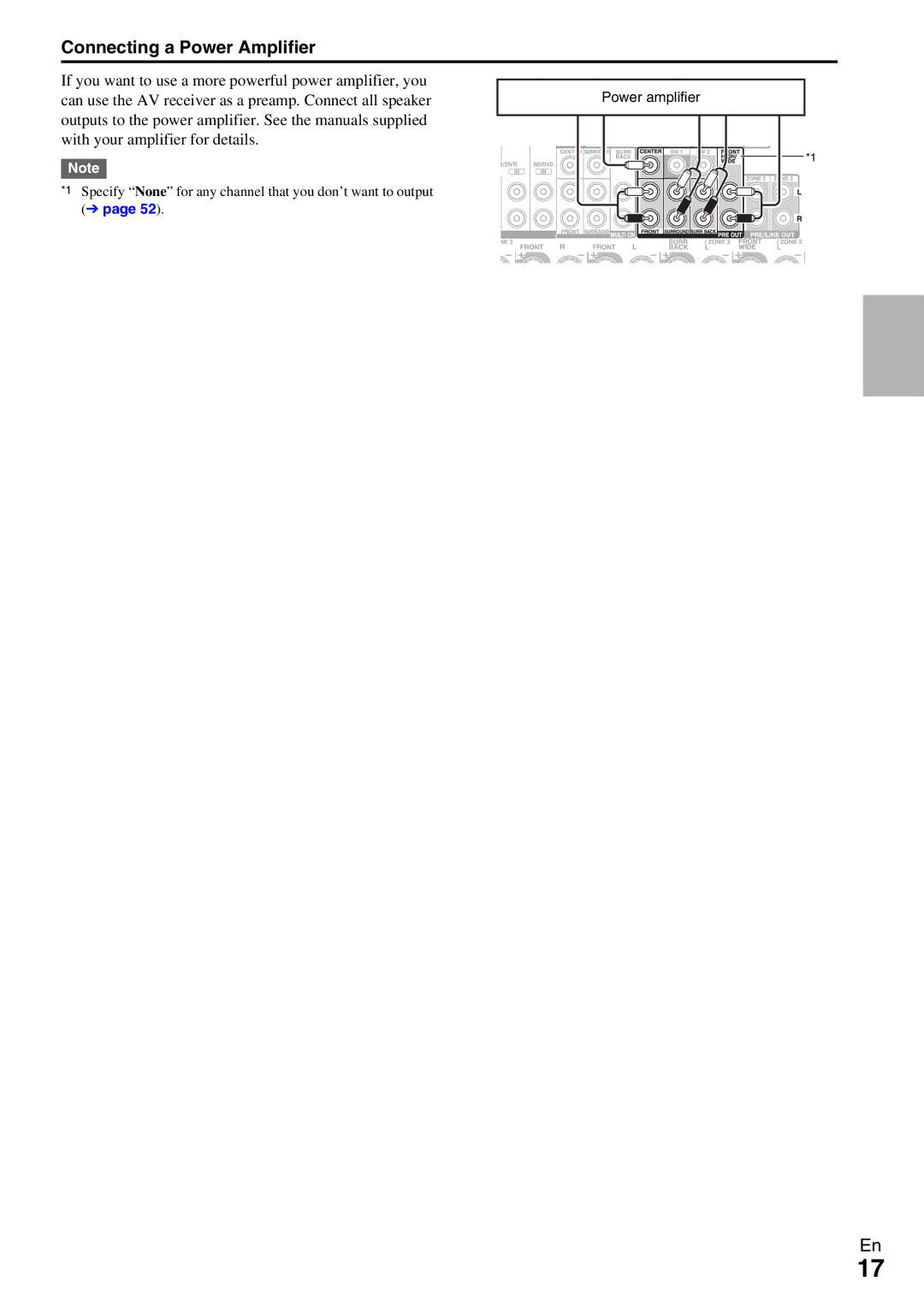 Onkyo TX-NR5009 instruction manual Connecting a Power Amplifier, Specify None for any channel that you don’t want to output 