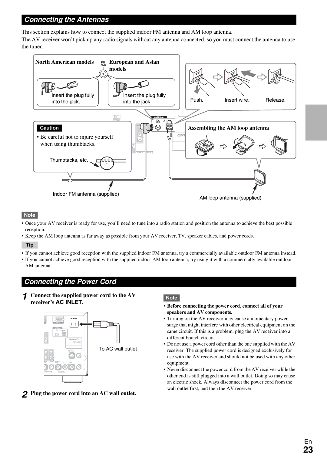 Onkyo TX-NR5009 Connecting the Antennas, Connecting the Power Cord, North American models European and Asian Models 