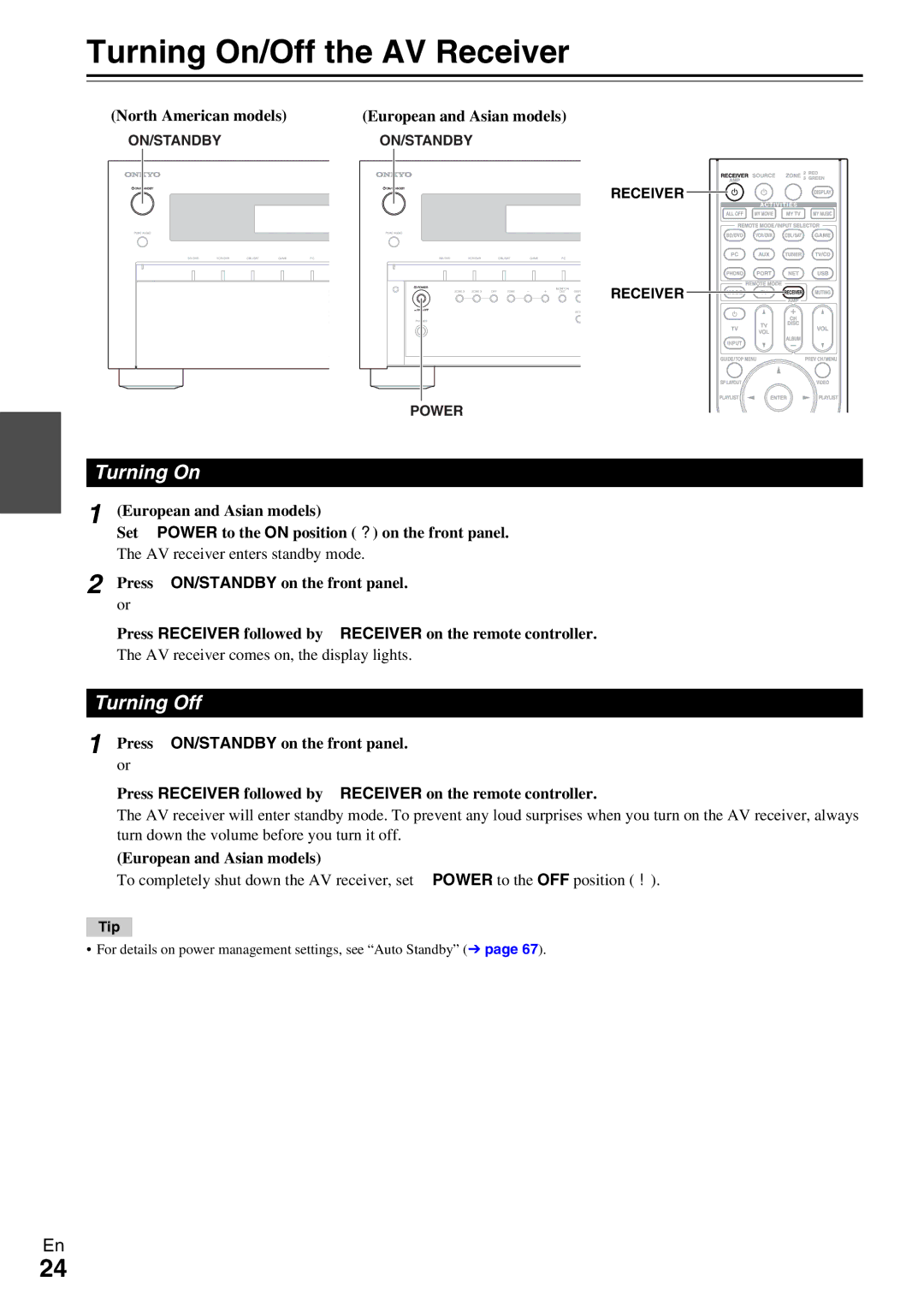 Onkyo TX-NR5009 instruction manual Turning On/Off the AV Receiver, Turning Off, AV receiver enters standby mode 