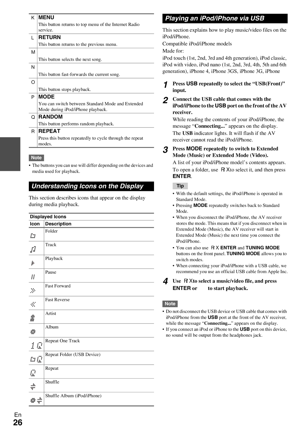 Onkyo TX-NR5009 instruction manual Understanding Icons on the Display, Playing an iPod/iPhone via USB, Enter 