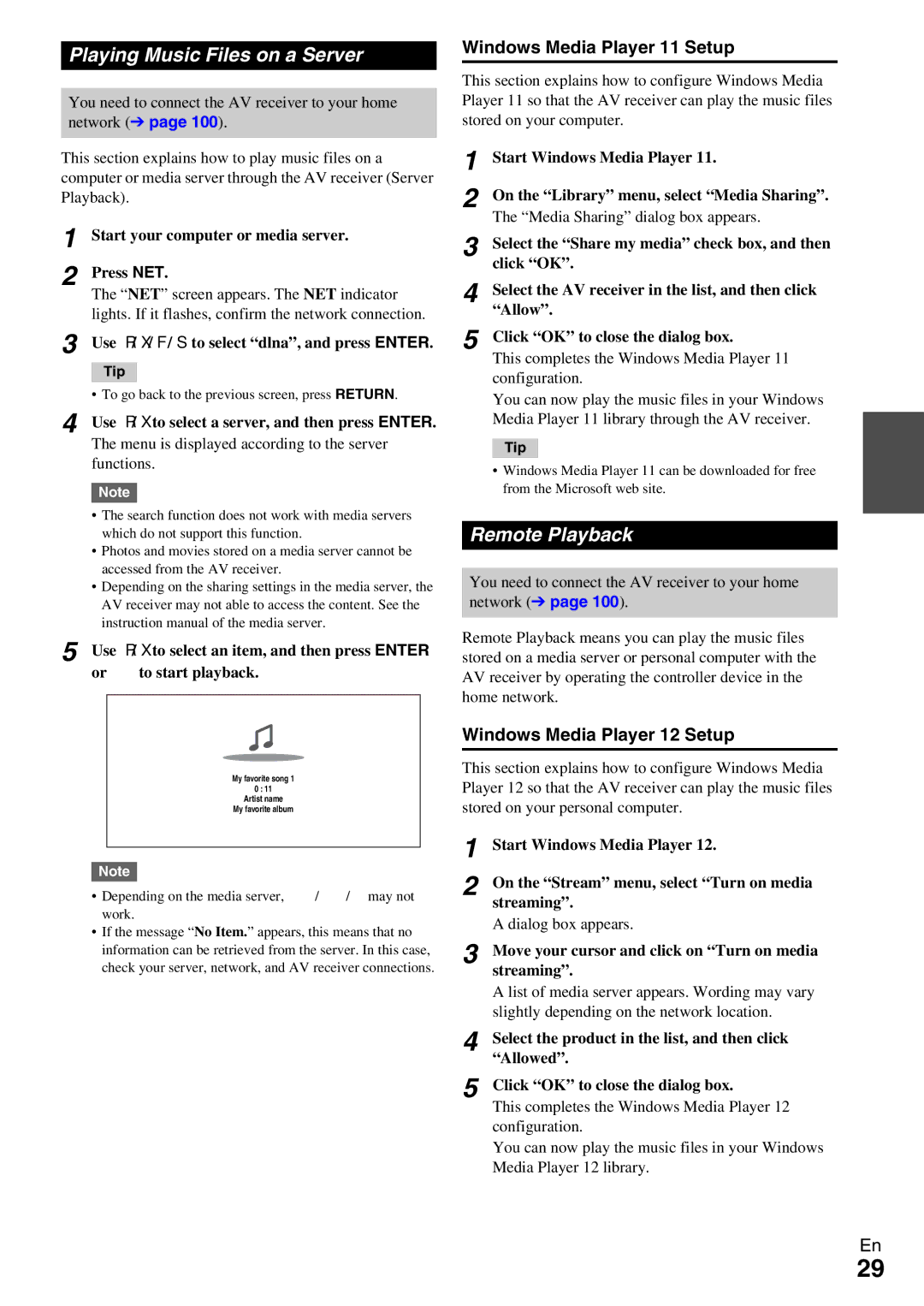 Onkyo TX-NR5009 instruction manual Playing Music Files on a Server, Remote Playback, Windows Media Player 11 Setup 