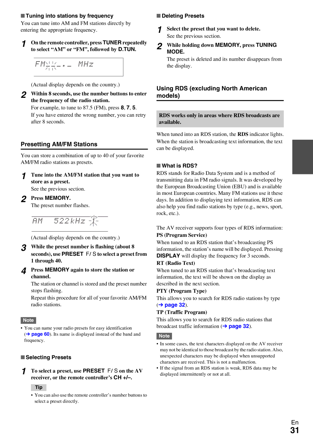 Onkyo TX-NR5009 instruction manual Presetting AM/FM Stations, Using RDS excluding North American models, Mode 