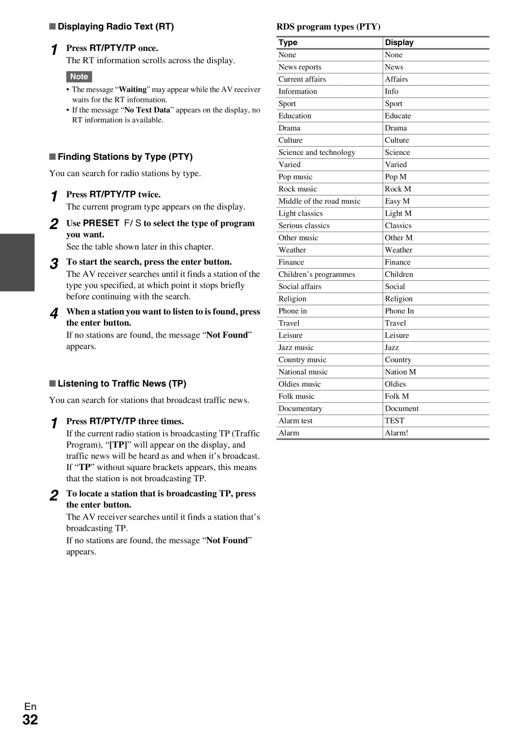 Onkyo TX-NR5009 instruction manual Displaying Radio Text RT, Finding Stations by Type PTY, Listening to Traffic News TP 