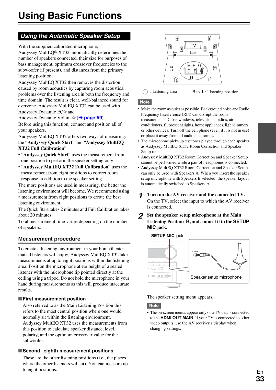 Onkyo TX-NR5009 instruction manual Using Basic Functions, Using the Automatic Speaker Setup, Measurement procedure 