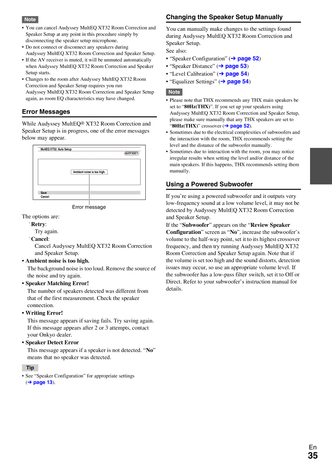 Onkyo TX-NR5009 instruction manual Error Messages, Changing the Speaker Setup Manually, Using a Powered Subwoofer 