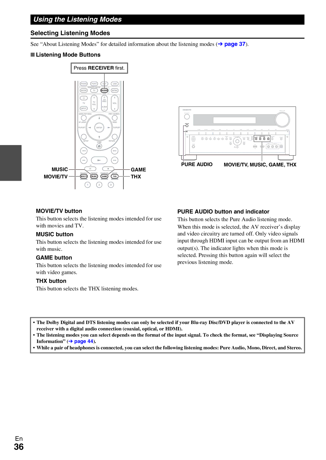 Onkyo TX-NR5009 instruction manual Using the Listening Modes, Selecting Listening Modes 