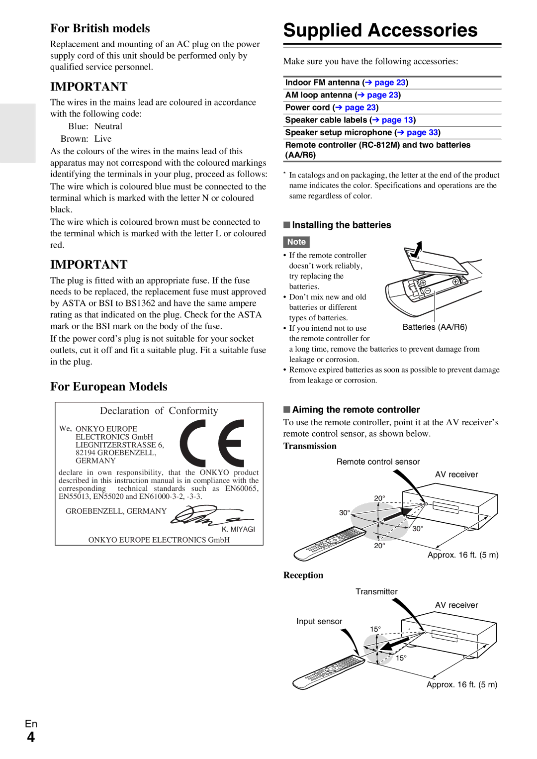 Onkyo TX-NR5009 Supplied Accessories, Installing the batteries, Aiming the remote controller, Transmission, Reception 