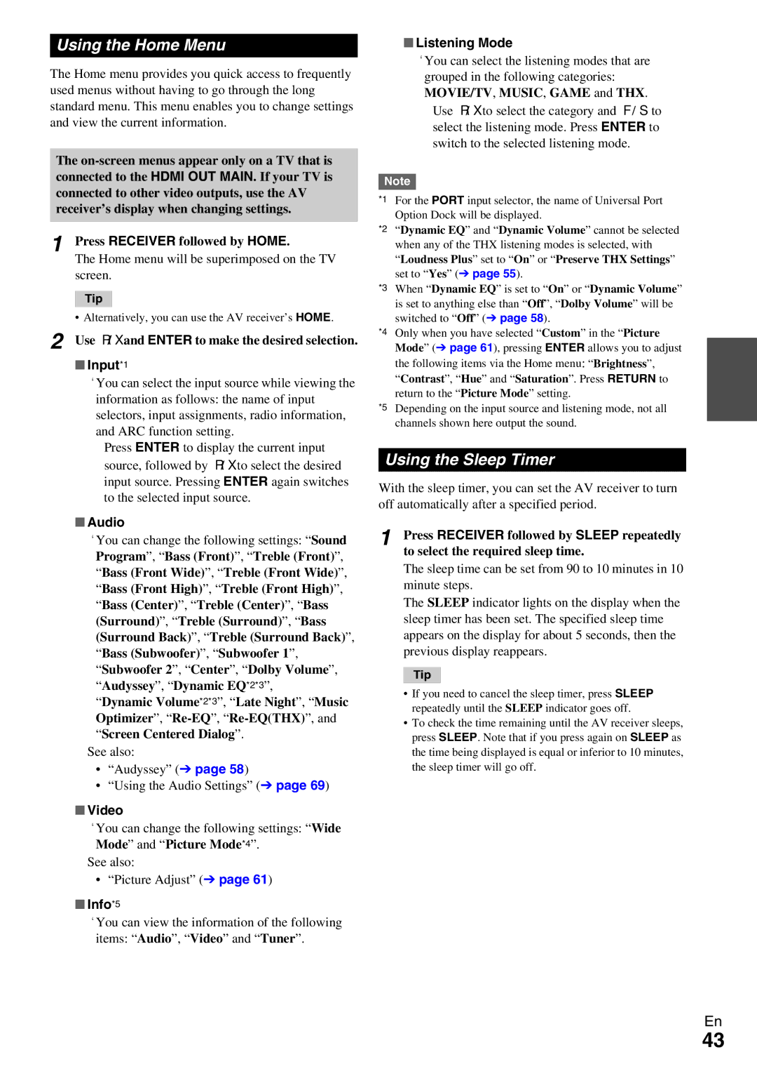 Onkyo TX-NR5009 instruction manual Using the Home Menu, Using the Sleep Timer 