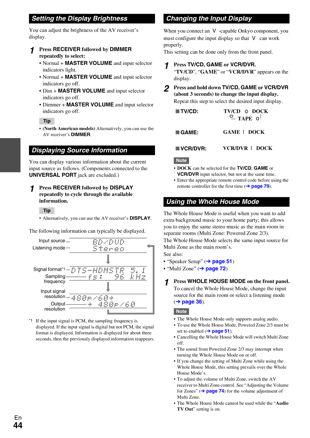 Onkyo TX-NR5009 Setting the Display Brightness, Displaying Source Information, Changing the Input Display 