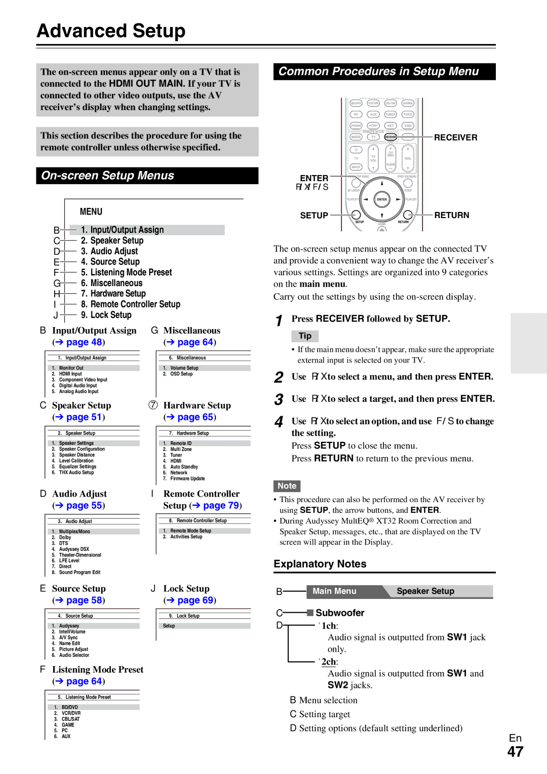 Onkyo TX-NR5009 Advanced Setup, On-screen Setup Menus, Common Procedures in Setup Menu, Explanatory Notes 