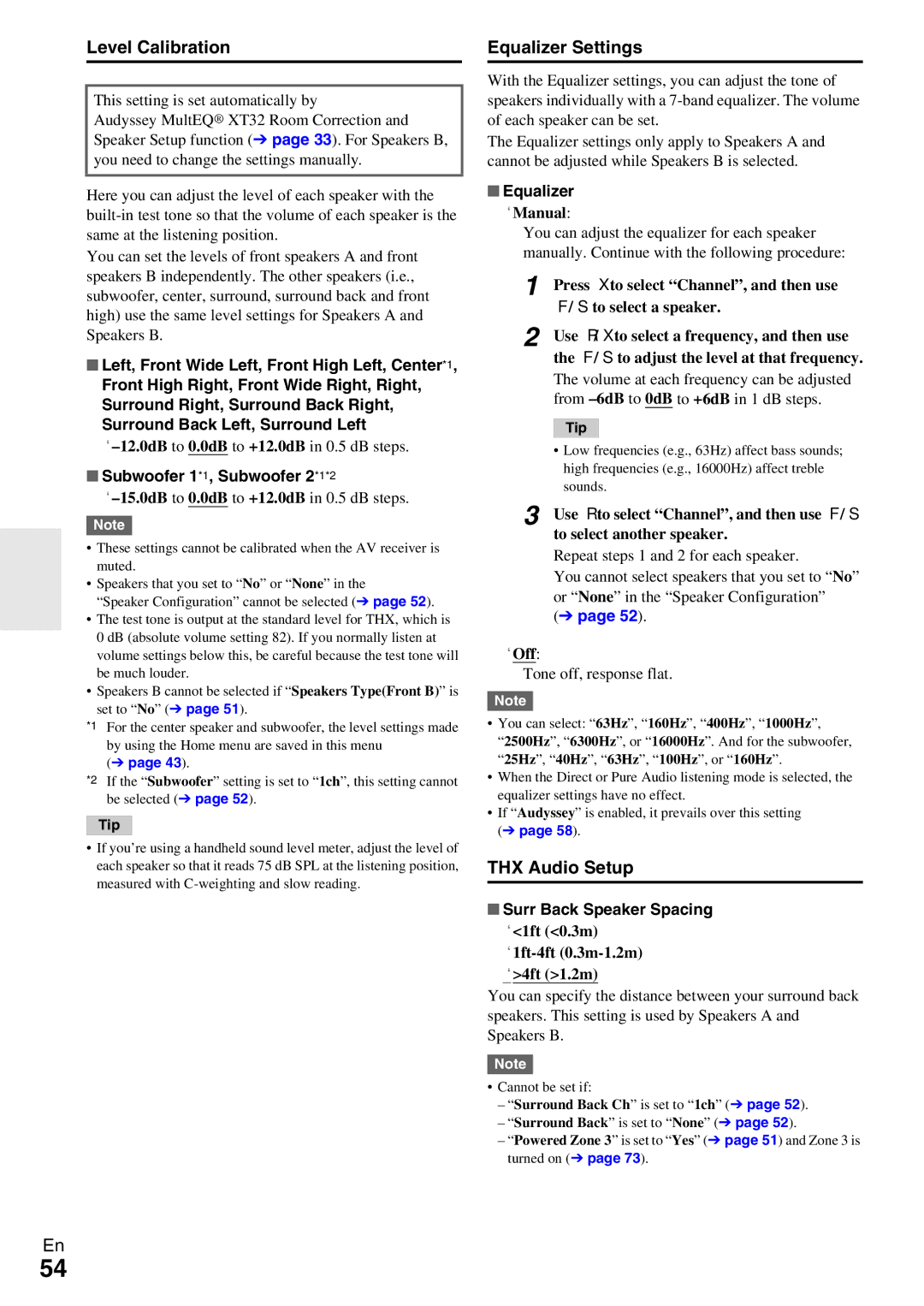 Onkyo TX-NR5009 instruction manual Level Calibration, Equalizer Settings, THX Audio Setup 