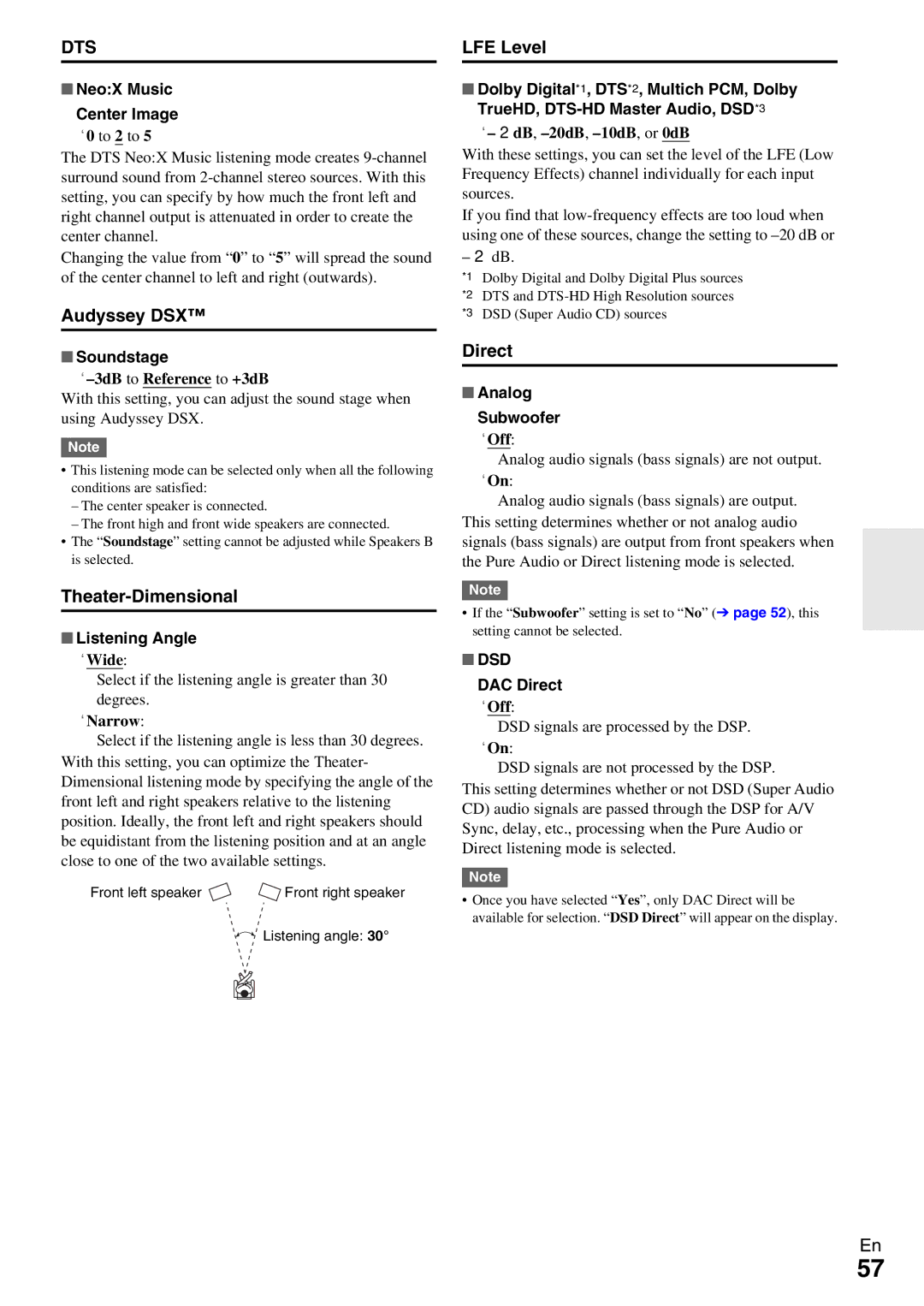 Onkyo TX-NR5009 instruction manual Audyssey DSX, Theater-Dimensional, LFE Level, Direct, Dsd 