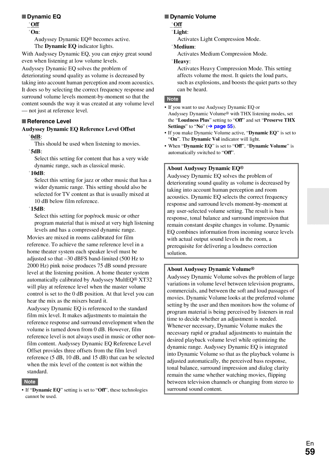 Onkyo TX-NR5009 instruction manual Dynamic EQ, Reference Level, Dynamic Volume 