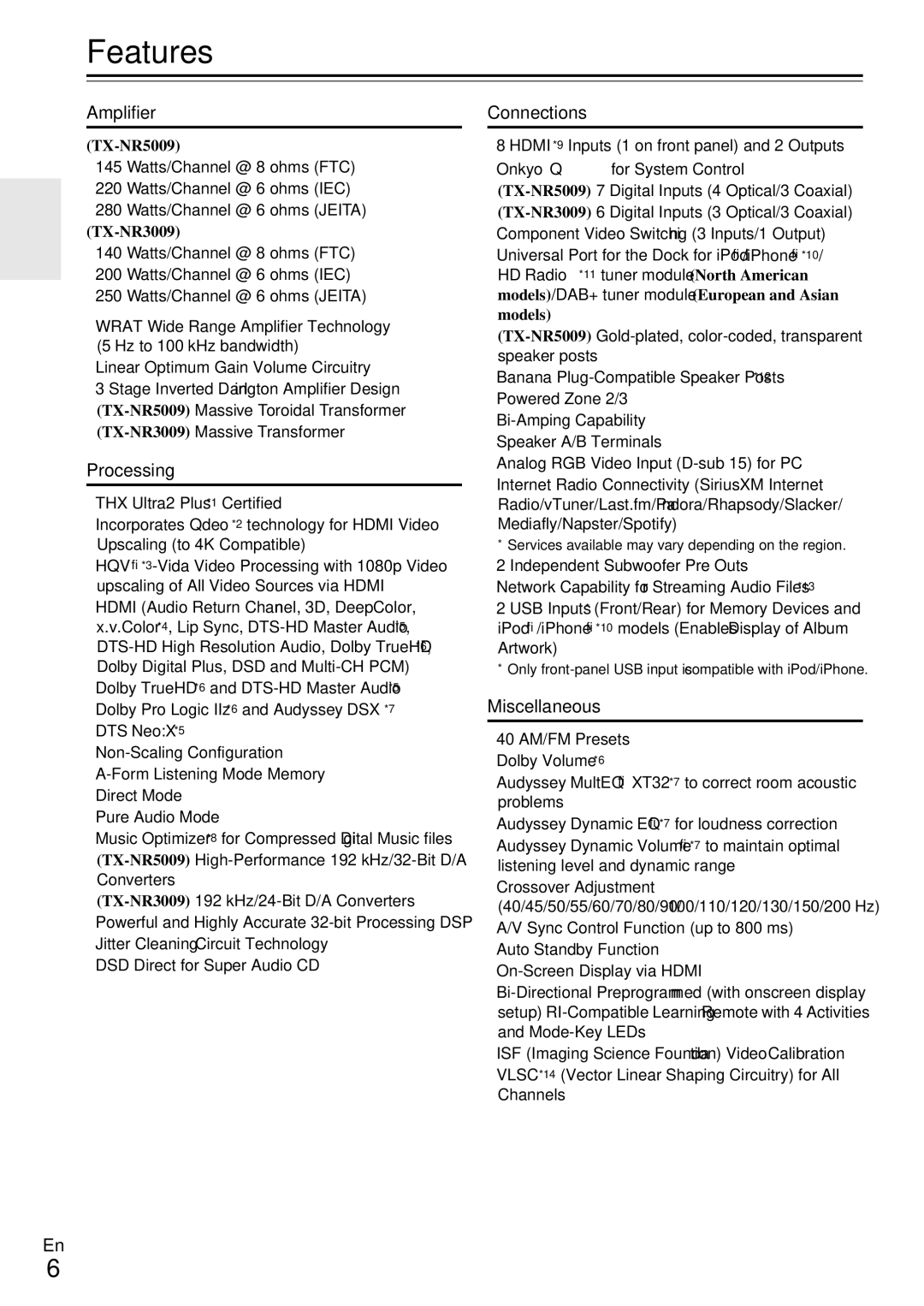 Onkyo TX-NR5009 instruction manual Features, Amplifier, Processing, Connections, Miscellaneous 