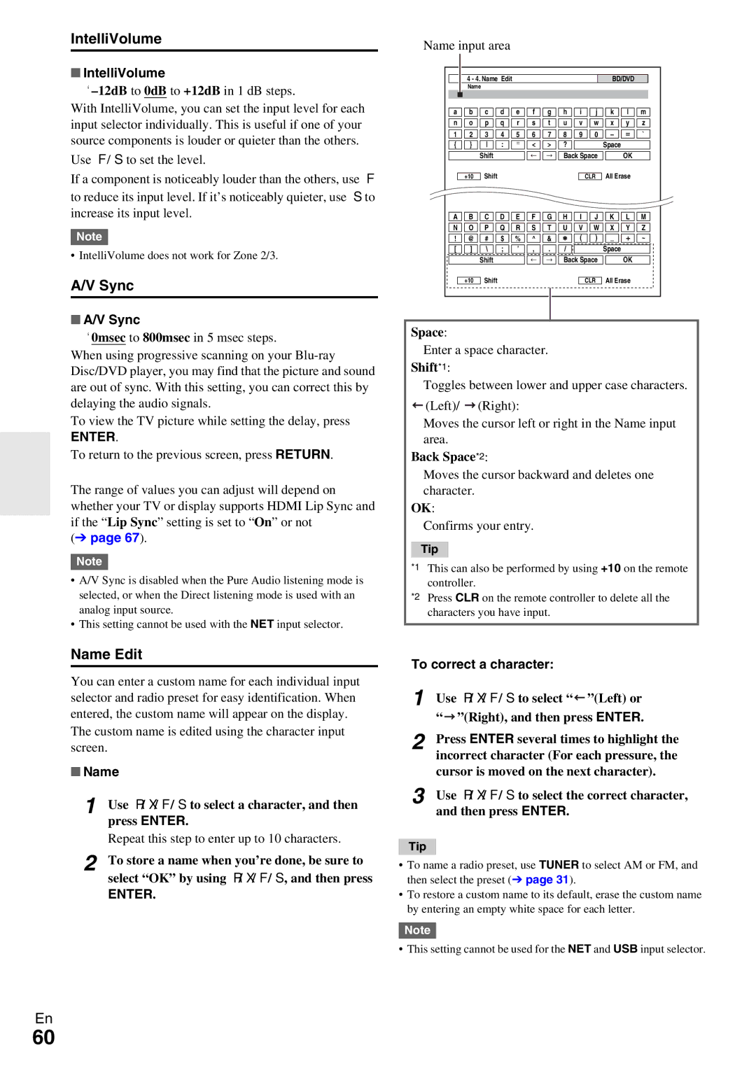 Onkyo TX-NR5009 instruction manual IntelliVolume, Sync, Name Edit 