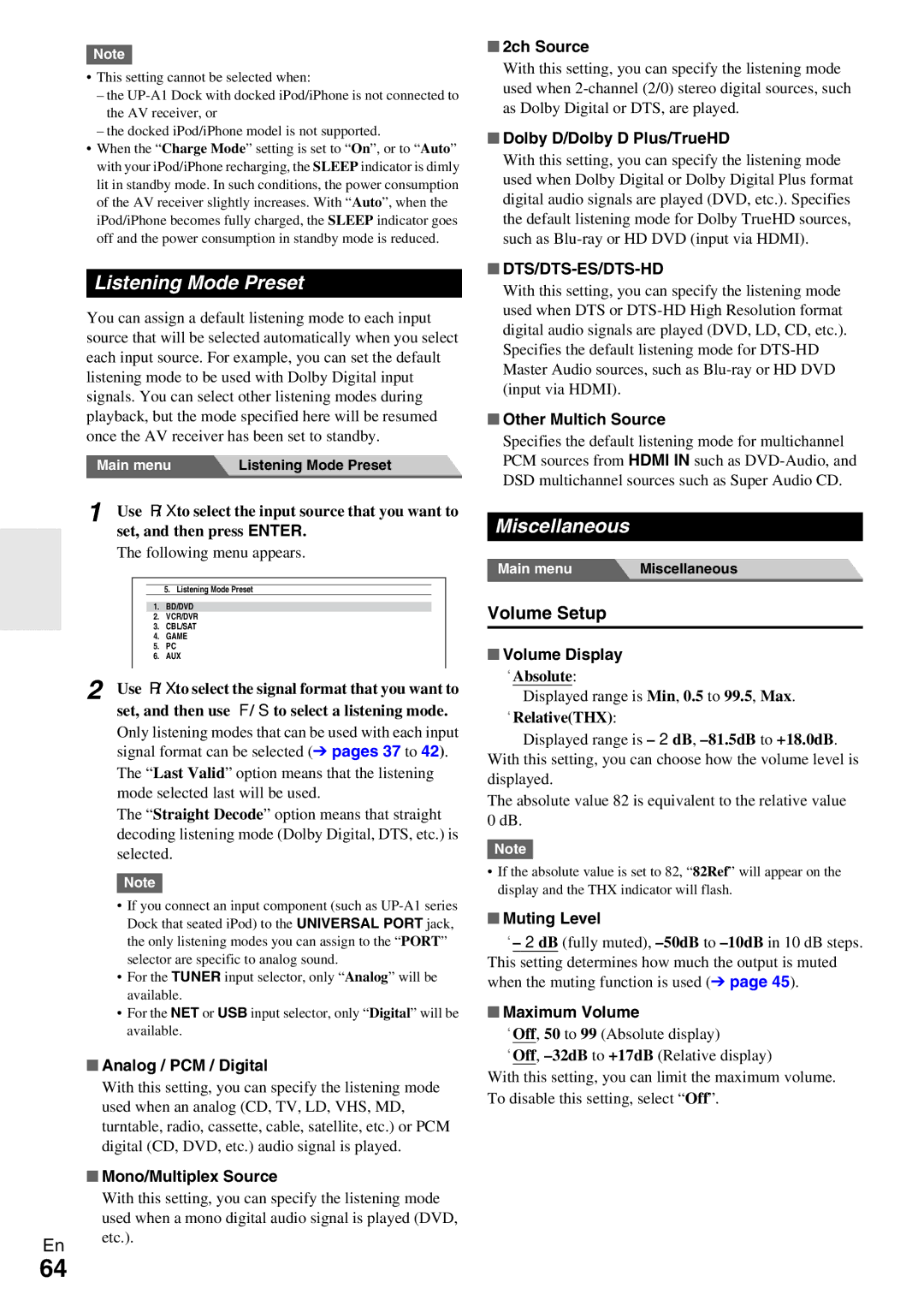 Onkyo TX-NR5009 instruction manual Listening Mode Preset, Miscellaneous, Volume Setup, Dts/Dts-Es/Dts-Hd 