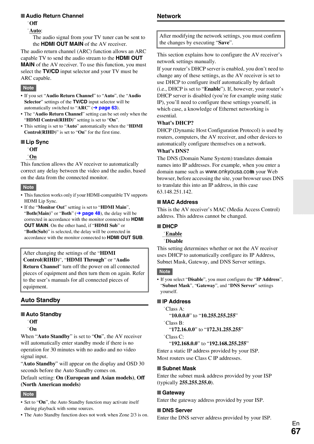 Onkyo TX-NR5009 instruction manual Auto Standby, Network, Dhcp 