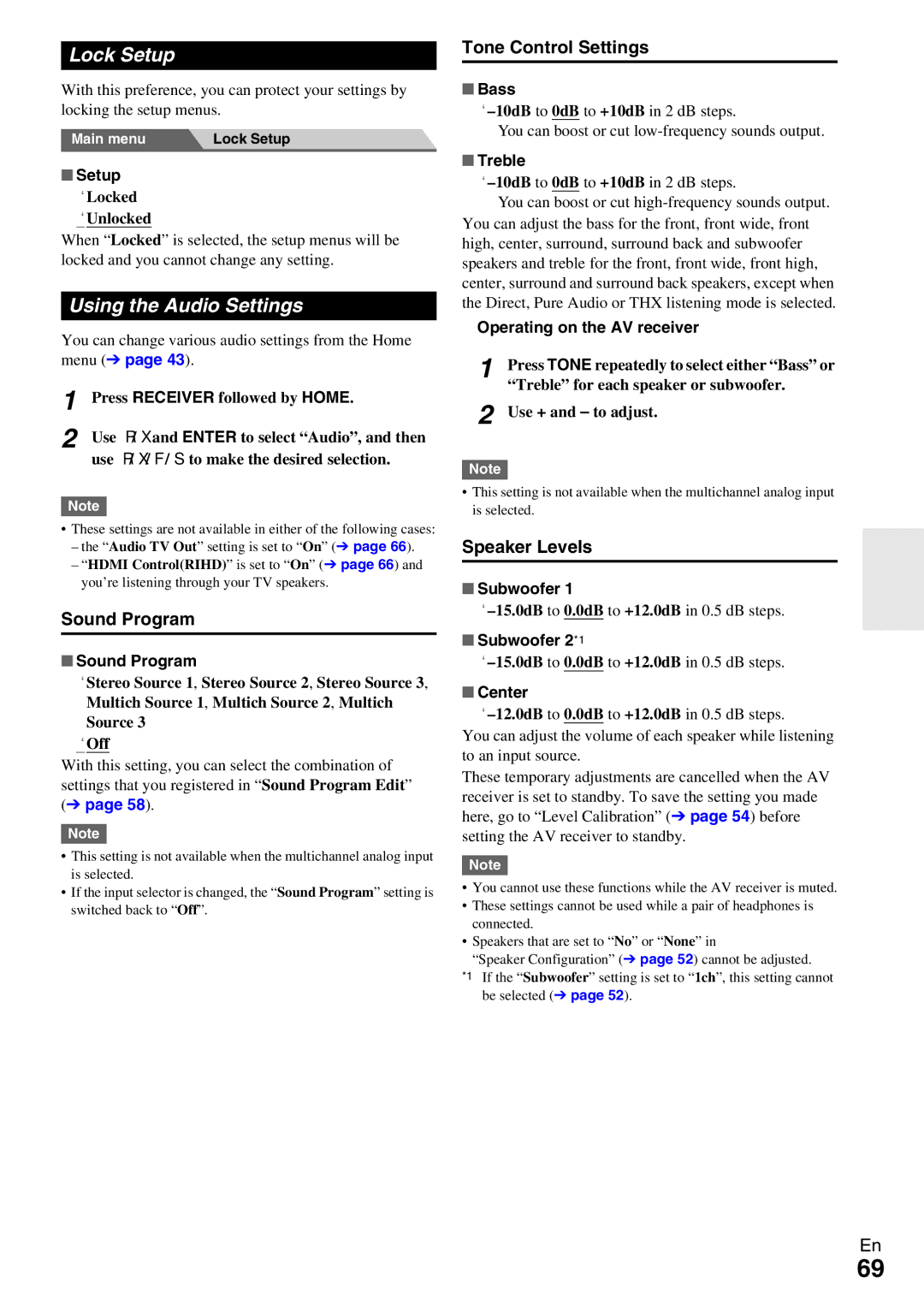 Onkyo TX-NR5009 Lock Setup, Using the Audio Settings, Sound Program, Tone Control Settings, Speaker Levels 