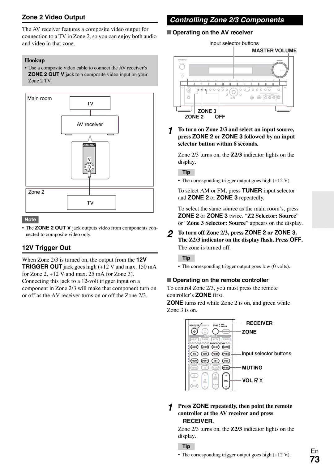 Onkyo TX-NR5009 Controlling Zone 2/3 Components, Zone 2 Video Output, 12V Trigger Out, Operating on the remote controller 