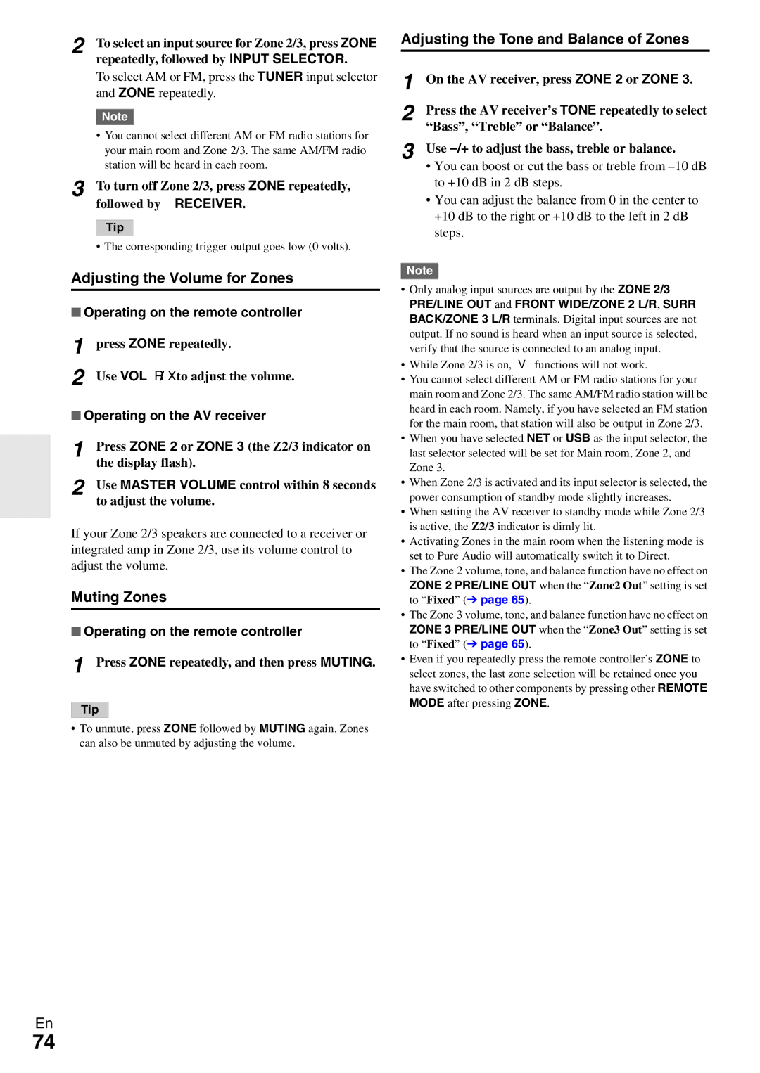 Onkyo TX-NR5009 instruction manual Adjusting the Volume for Zones, Muting Zones, Adjusting the Tone and Balance of Zones 