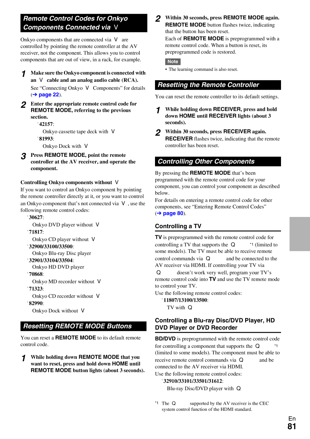 Onkyo TX-NR5009 Remote Control Codes for Onkyo Components Connected via u, Resetting Remote Mode Buttons, Controlling a TV 