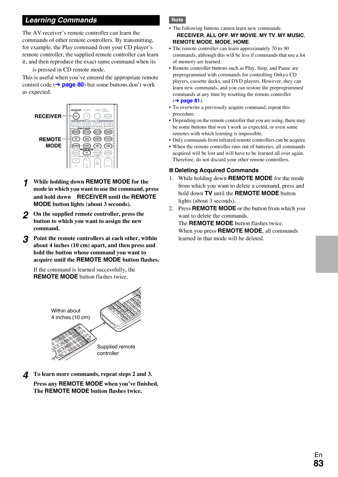 Onkyo TX-NR5009 Learning Commands, Deleting Acquired Commands, Remote, Following buttons cannot learn new commands 