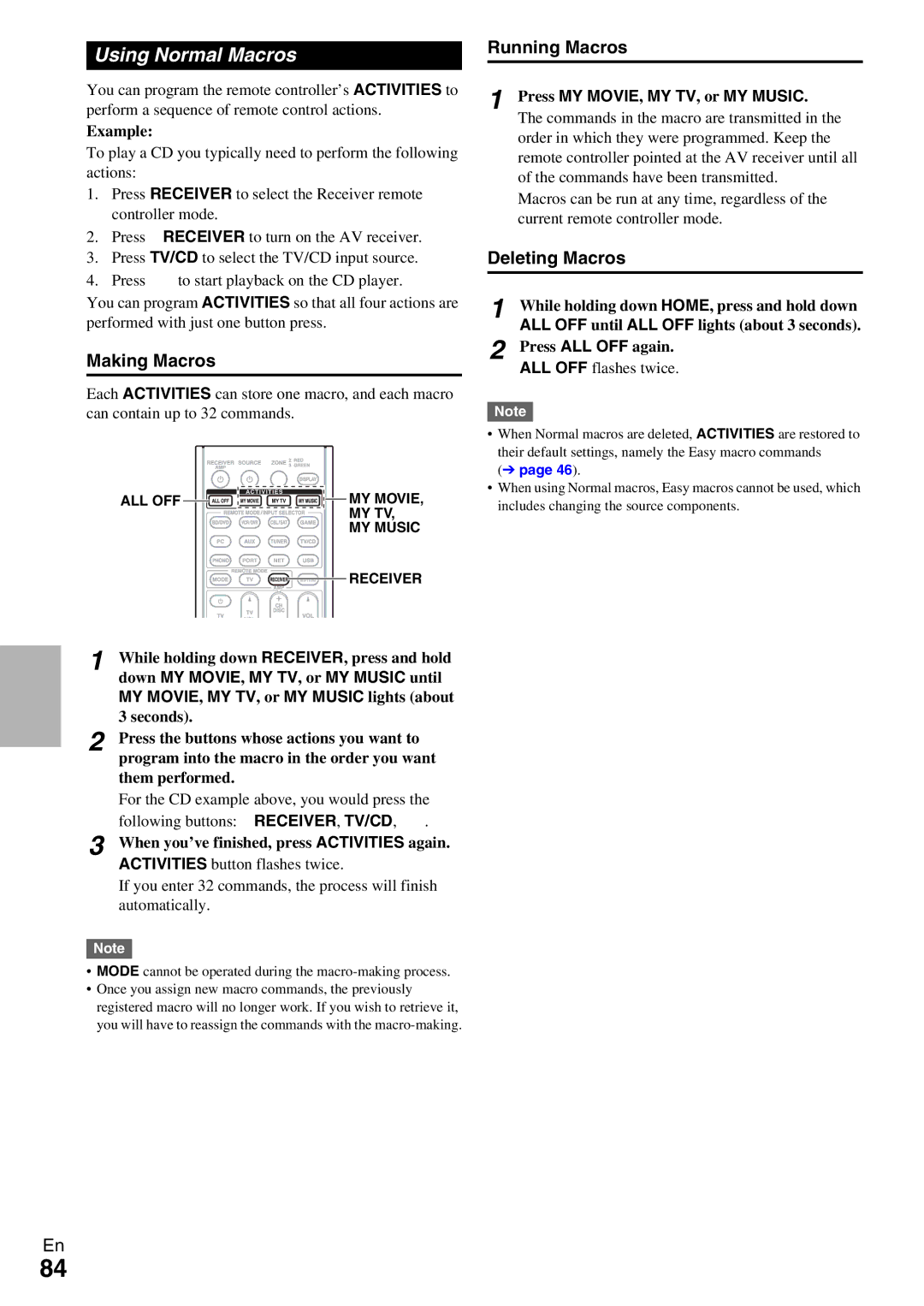 Onkyo TX-NR5009 instruction manual Using Normal Macros, Making Macros, Running Macros, Deleting Macros 