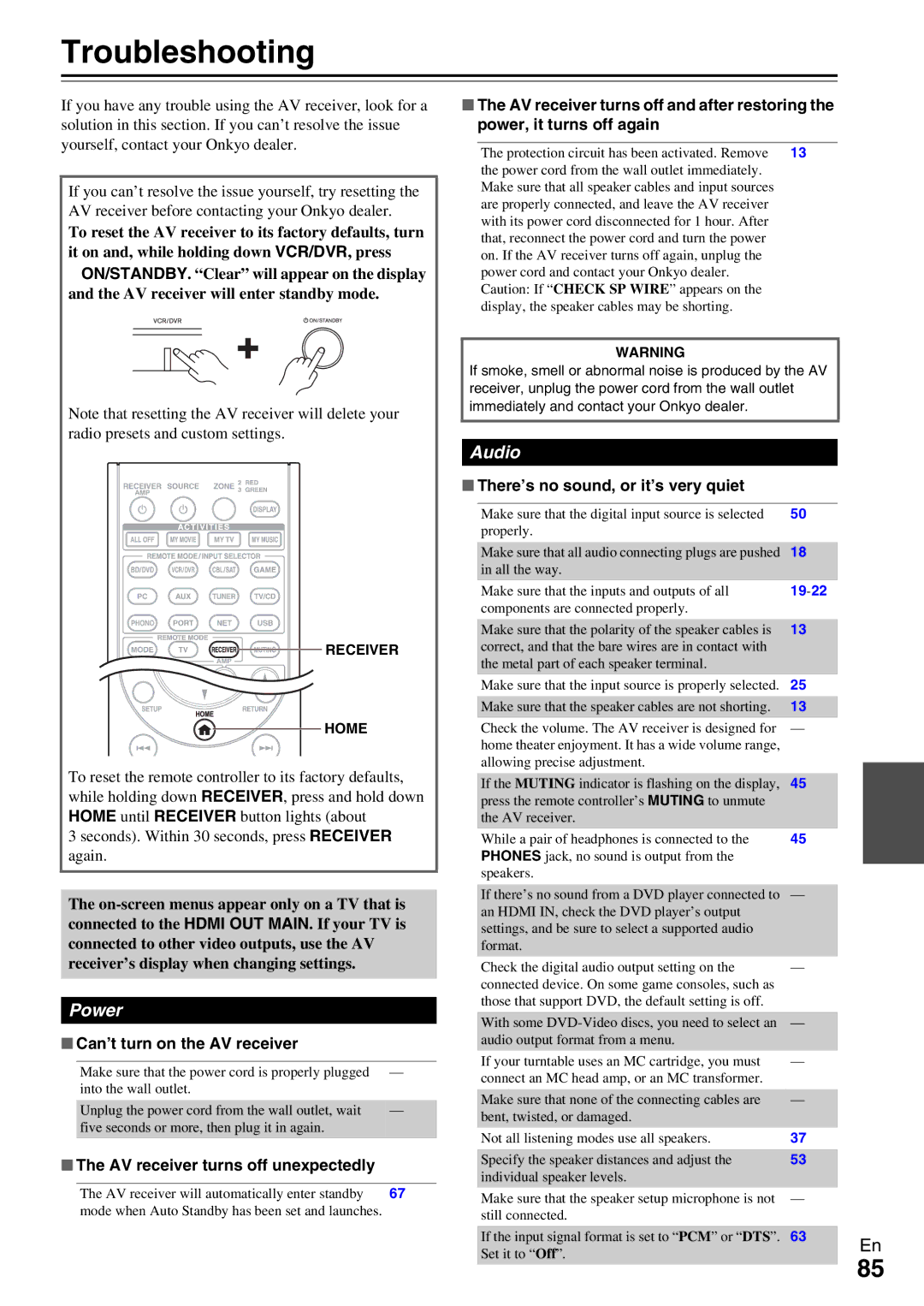 Onkyo TX-NR5009 instruction manual Troubleshooting, Power, Audio 