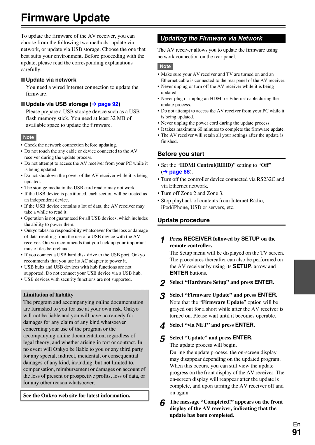 Onkyo TX-NR5009 instruction manual Firmware Update, Updating the Firmware via Network, Before you start, Update procedure 