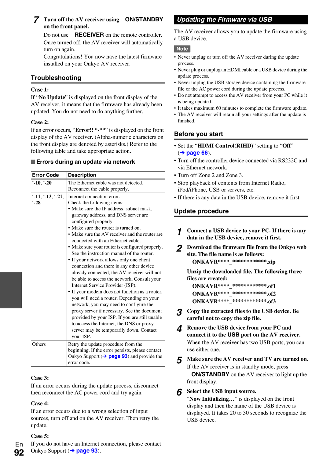 Onkyo TX-NR5009 instruction manual Troubleshooting, Updating the Firmware via USB, Errors during an update via network 