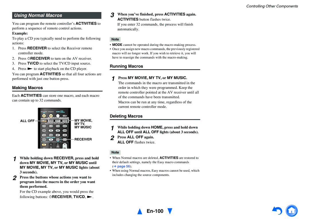 Onkyo TX-NR5010 instruction manual En-100, Using Normal Macros, Making Macros, Running Macros, Deleting Macros 