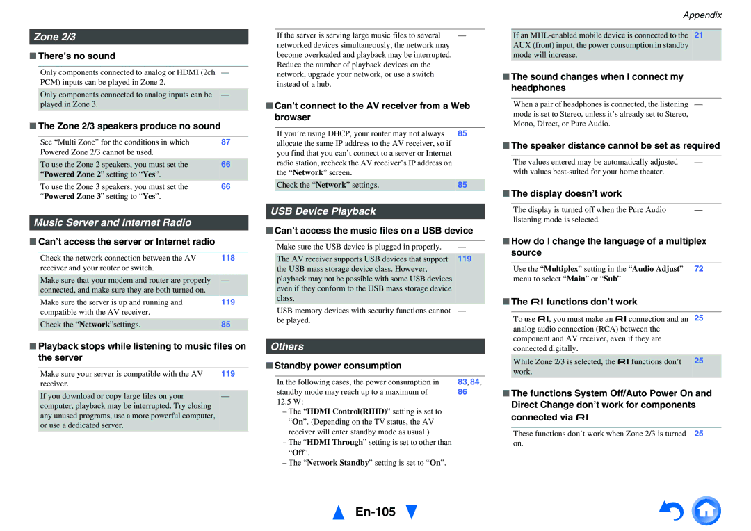 Onkyo TX-NR5010 instruction manual En-105, Zone 2/3, Music Server and Internet Radio, USB Device Playback, Others 