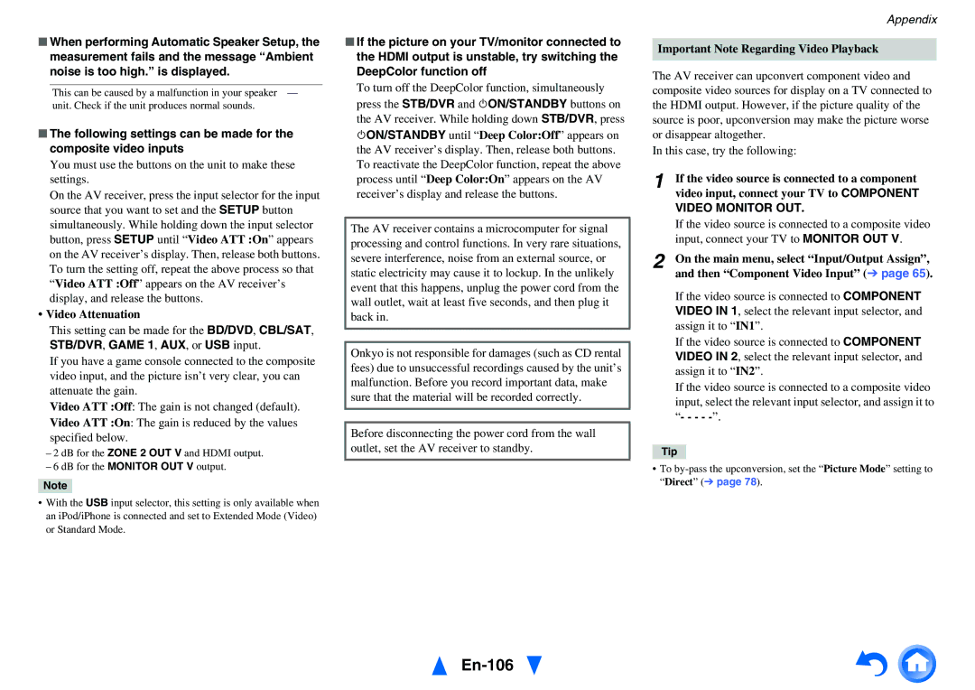 Onkyo TX-NR5010 instruction manual En-106, Video Attenuation, Important Note Regarding Video Playback, Video Monitor OUT 