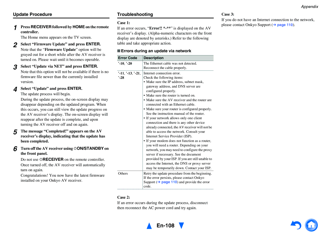 Onkyo TX-NR5010 instruction manual En-108, Update Procedure, Troubleshooting, Errors during an update via network 