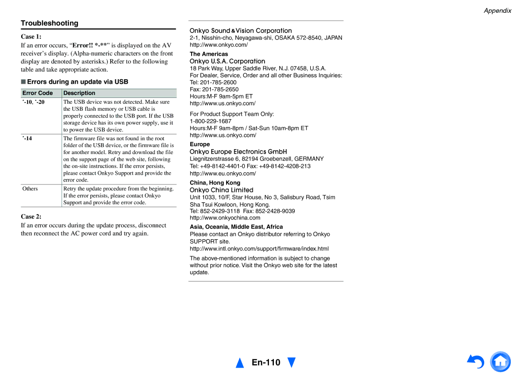 Onkyo TX-NR5010 instruction manual En-110, Errors during an update via USB 