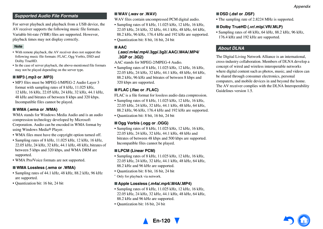 Onkyo TX-NR5010 instruction manual En-120, Supported Audio File Formats, About Dlna 