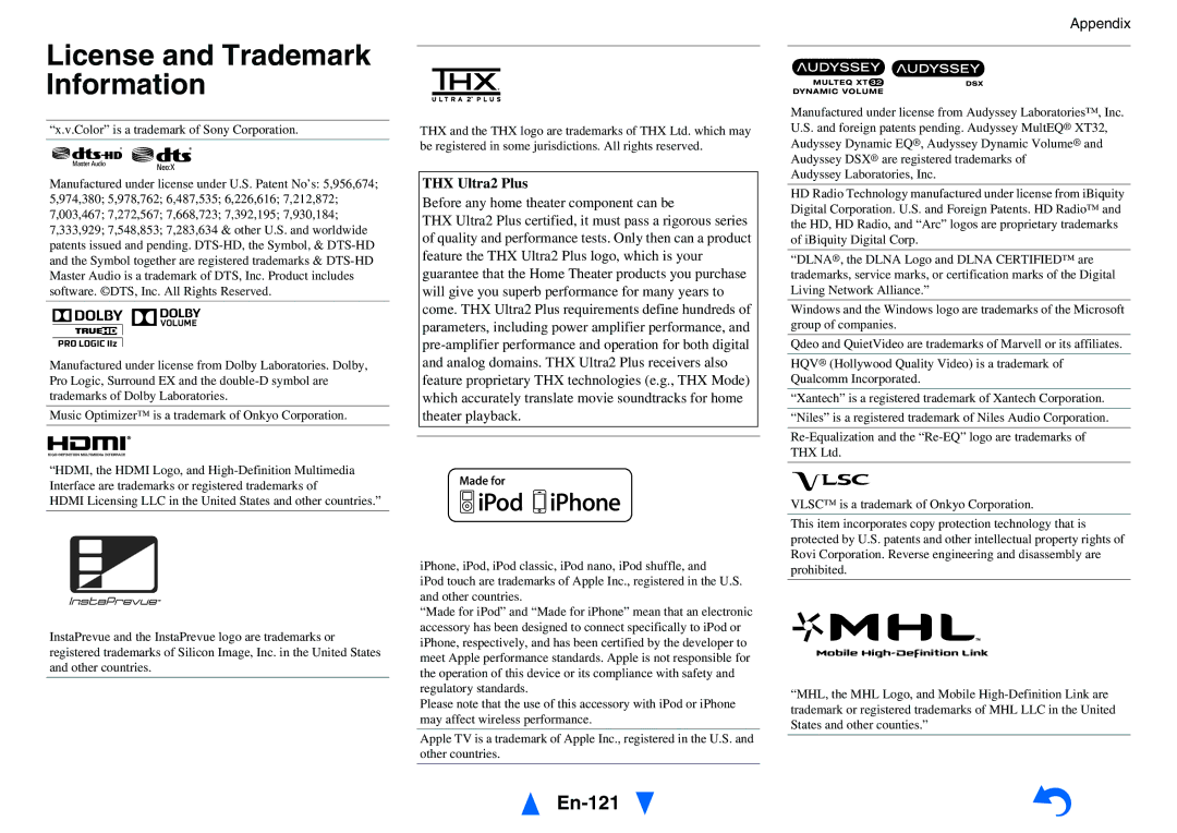 Onkyo TX-NR5010 License and Trademark Information, En-121, THX Ultra2 Plus, Color is a trademark of Sony Corporation 