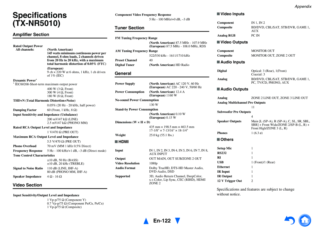 Onkyo instruction manual Specifications TX-NR5010, En-122 