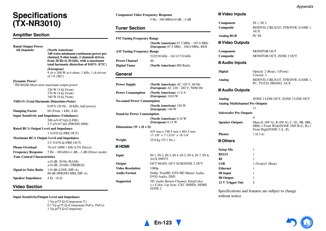 Onkyo TX-NR5010 instruction manual Specifications TX-NR3010, En-123 