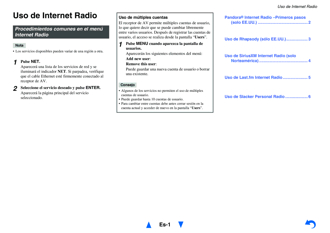 Onkyo TX-NR5010 Uso de Internet Radio, Es-1, Procedimientos comunes en el menú Internet Radio, Uso de múltiples cuentas 