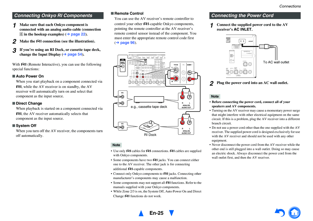 Onkyo TX-NR5010 instruction manual En-25, Connecting Onkyo RI Components, Connecting the Power Cord 